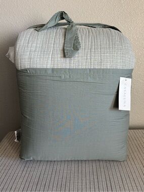 NWT Full/Queen Textured Chambray Cotton Comforter & Sham Set Sage Green Casaluna